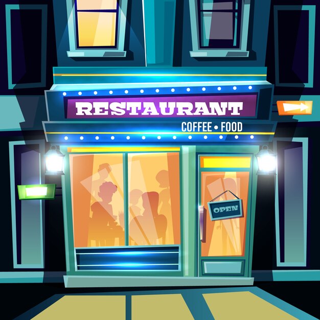 Pequeño restaurante lleno de visitantes en el momento de la noche en la ilustración de vector de dibujos animados calle de la ciudad. Local