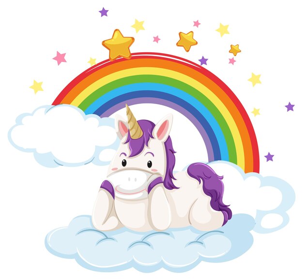 Pequeño unicornio acostado en una nube con arco iris
