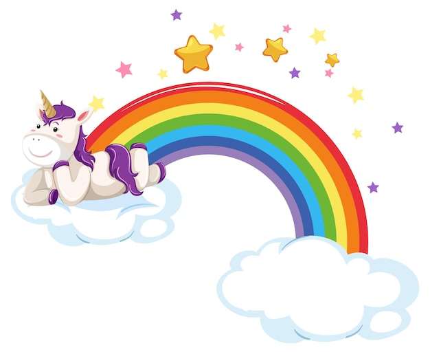 Vector gratuito pequeño unicornio acostado en una nube con arco iris