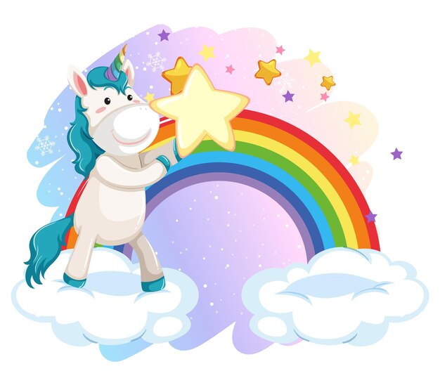 Un pequeño unicornio sosteniendo una estrella en un cielo pastel