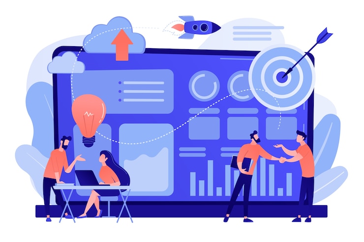 Vector gratuito pequeños analistas de negocios discutiendo ideas en una computadora portátil con datos. iniciativa de datos, ocupación en el estudio de metadatos, concepto de inicio impulsado por datos