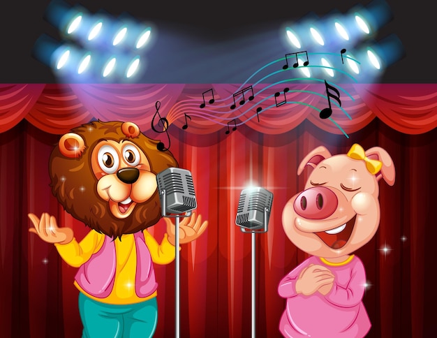 Pequeños animales lindos cantando en el escenario