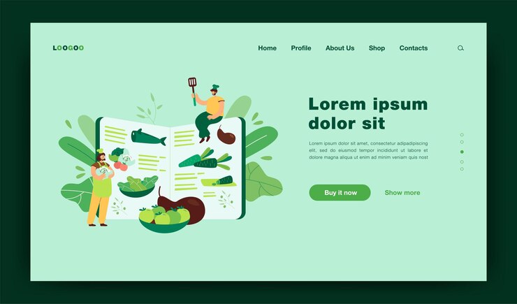 Vector gratuito pequeños chefs que cocinan alimentos saludables de acuerdo con el libro de recetas, preparando ingredientes frescos para la plantilla de página de destino del menú de comida orgánica