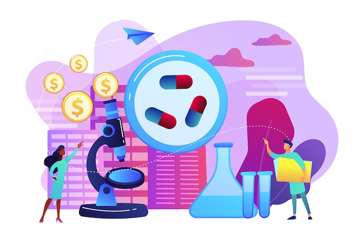 Vector gratuito pequeños científicos en el laboratorio producen fármacos. negocio farmacológico, industria farmacéutica, concepto de servicio farmacológico. ilustración aislada violeta vibrante brillante