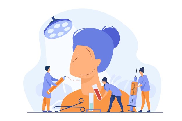 Pequeños cirujanos estéticos dibujando marcas en el enorme rostro femenino, sosteniendo tubos de laboratorio y jeringas para inyección. Ilustración de vector de cirugía plástica, cuidado de la belleza, concepto de corrección facial
