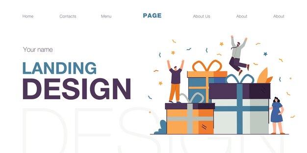 Pequeños clientes felices con recompensa, premios por buen trabajo o regalos. Ganadores saltando en cajas presentes con confeti ilustración vectorial plana. Experiencia, celebración de cumpleaños, concepto de bonificación especial