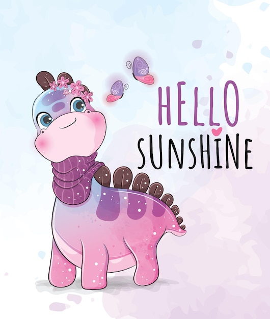 Pequeños dinosaurios animales lindos con ilustración de mariposa-Acuarela animal lindo