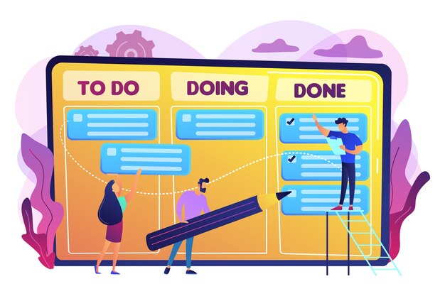 Pequeños empresarios y gerente en la tabla de cumplimiento de tareas y objetivos. Gestión de tareas, herramienta de gestión de proyectos, concepto de software de gestión de tareas. Ilustración aislada violeta vibrante brillante