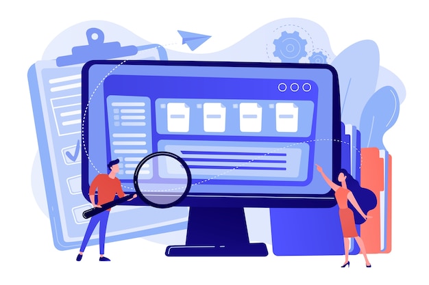 Pequeños empresarios con lupa trabajan con la gestión de documentos en la computadora. Software de gestión de documentos, aplicación de flujo de documentos, ilustración del concepto de documentos compuestos