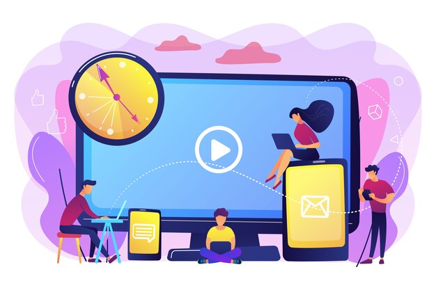 Pequeños empresarios mirando en pantallas de dispositivos digitales y reloj. Adicción a la pantalla, sobrecarga digital, concepto de implicaciones de sobrecarga de información. Ilustración aislada violeta vibrante brillante