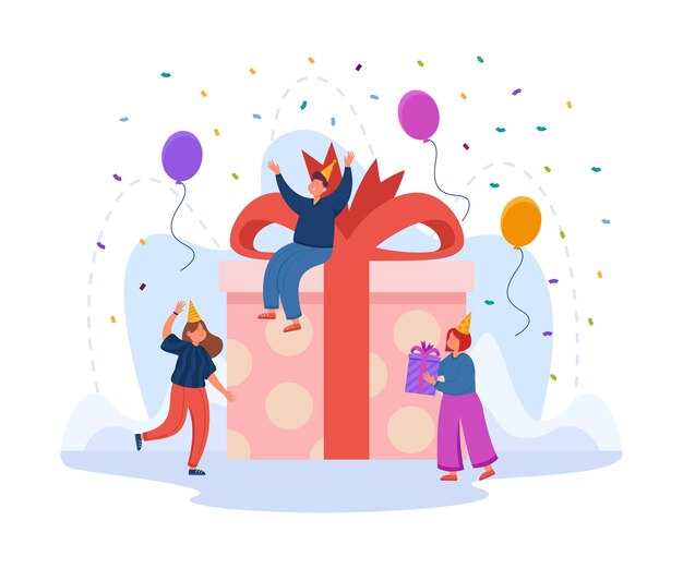 Pequeños empresarios o amigos con regalo de cumpleaños o Navidad. Fiesta para personajes de dibujos animados felices, presente caja con ilustración de vector plano sorpresa. Celebración, concepto de decoración para banner.
