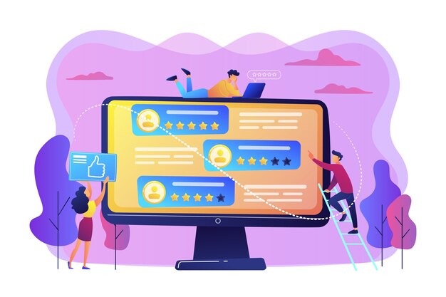 Pequeños empresarios que usan el sitio de calificación para votar sobre las personas en la pantalla de la computadora. Sitio de clasificación, sitio de clasificación profesional, concepto de página de clasificación de contenido.