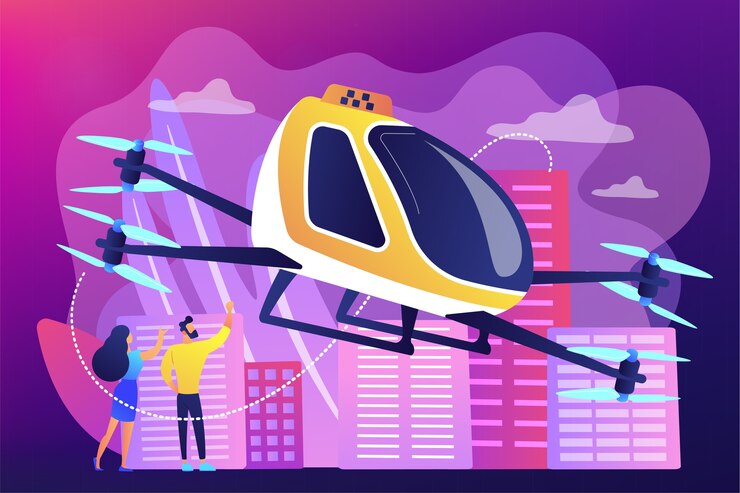Vector gratuito pequeños empresarios viajan en taxi aéreo por la ciudad. servicio de taxi aéreo, plataforma de transporte aéreo, concepto de desarrollo de transporte volador.
