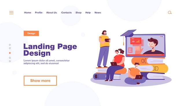 Vector gratuito pequeños estudiantes que aprenden lecciones en línea a través de la plantilla de página de destino de una computadora portátil