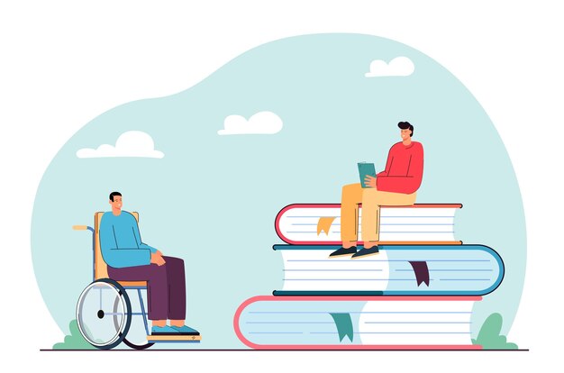 Pequeños estudiantes sentados cerca de una pila de libros y aprendiendo. Hombre con discapacidad en silla de ruedas ilustración vectorial plana. Educación de inclusión, concepto escolar para banner, diseño de sitio web o página web de destino