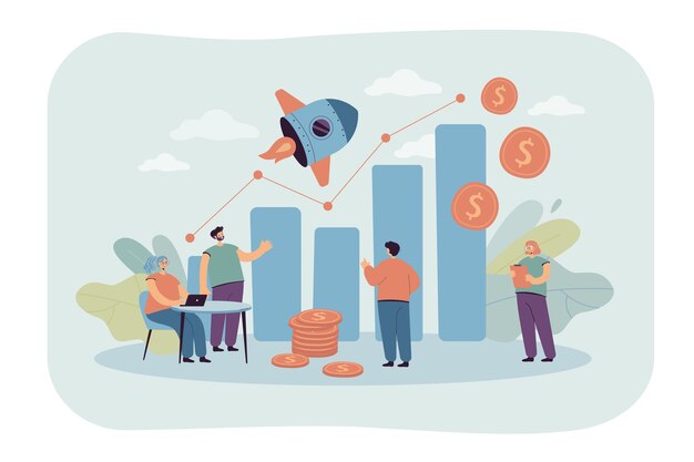 Pequeños gerentes de ventas que miran la ilustración plana de la tabla de crecimiento