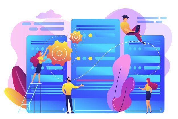 Pequeños ingenieros y administradores de centros de datos que trabajan con servidores. Centro de datos, sistema informático centralizado, concepto de almacenamiento de datos remotos. Ilustración aislada violeta vibrante brillante