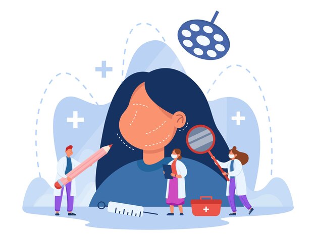 Pequeños médicos que examinan la cara de pacientes enormes antes de la cirugía. Cirujano plástico dibujando líneas de incisión en la cara de la mujer, preparándose para la ilustración vectorial plana de cirugía estética. Concepto de operación cosmética