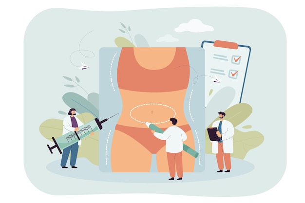 Pequeños médicos que examinan el cuerpo humano antes de la cirugía bariátrica. Aumento de senos, ilustración vectorial plana de reducción de peso. Belleza, fitness, concepto de liposucción para banner o página web de inicio