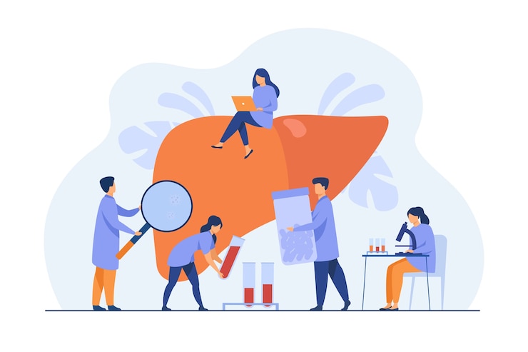 Vector gratuito pequeños médicos que tratan la hepatitis o el cáncer de hígado aislaron ilustración vectorial plana. médicos de dibujos animados cuidando del hígado enfermo del paciente. concepto de conciencia de la medicina y la enfermedad