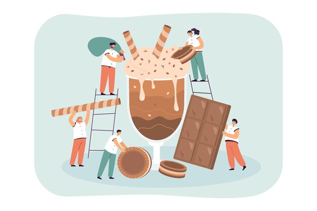 Pequeños personajes de dibujos animados con un enorme cóctel de chocolate. Plato dulce con galletas y barras de chocolate, hombres y mujeres trabajando en panadería o pastelería ilustración vectorial plana. Postres, concepto de pastelería