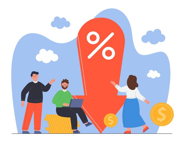 Pequeños personajes masculinos y femeninos parados cerca de la flecha hacia abajo que muestran una disminución porcentual. Ilustración de vector plano de reducción financiera. Tasa baja, oferta especial, préstamo, concepto de precio de descuento