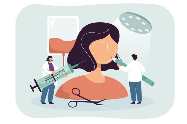 Pequeños profesionales médicos que examinan la enorme cara de la mujer. Personas de dibujos animados con equipo de operación en la ilustración de vector plano de la clínica. Cirugía plástica o cosmética, belleza, concepto de salud para banner