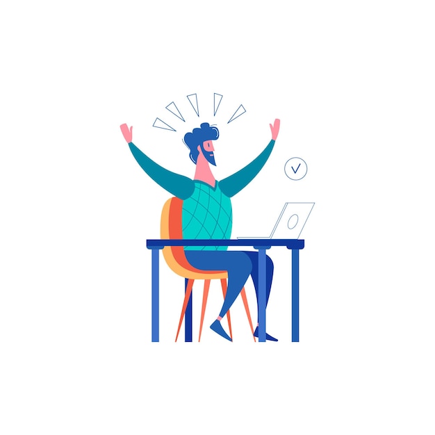 Perdedor, fracaso, éxito, ganar, hombres de negocios, composición, con, feliz, hombre, sentado, en, mesa, con, computador portatil