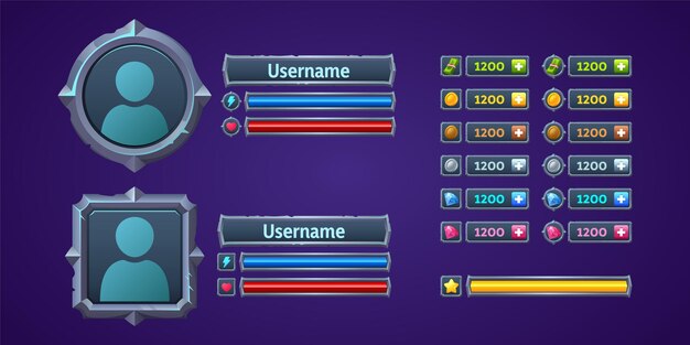 Perfil de interfaz de usuario del juego, interfaz de menú de usuario, diseño gráfico 2d con marco para avatar, placas de nombre de usuario, escalas de vida o poder y puntaje de activos. Rpg para pc o pantalla móvil, ilustración vectorial de dibujos animados
