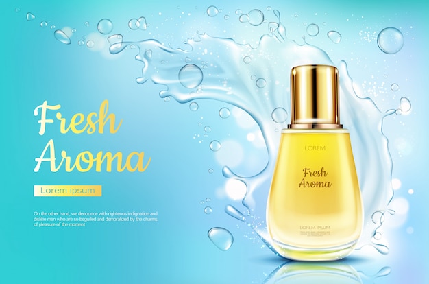 Perfume el aroma fresco en botella de vidrio con salpicaduras de agua en el fondo borroso azul.