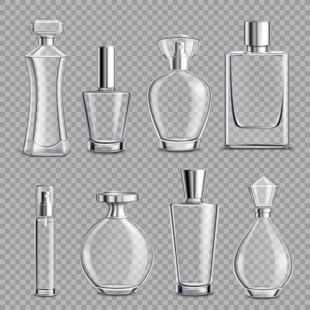 Vector gratuito perfume botellas de vidrio realista transparente