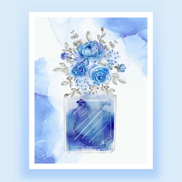 Perfume con flor azul ilustración acuarela