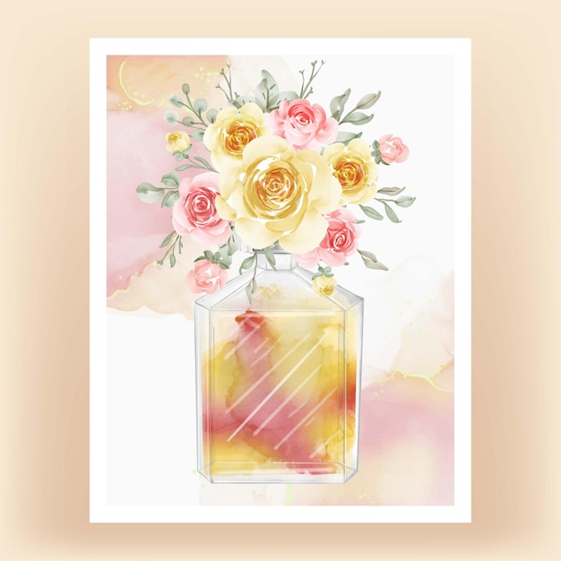 Vector gratuito perfume con flor melocotón amarillo ilustración acuarela