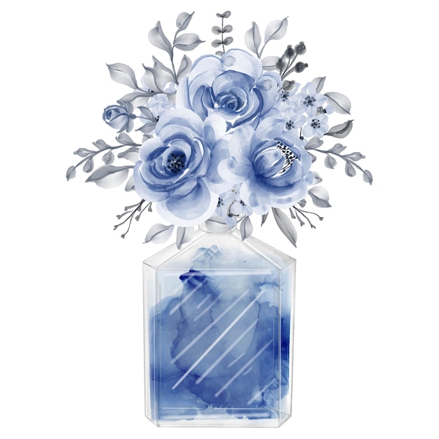 Perfume y flores azul marino acuarela clipart ilustración de moda