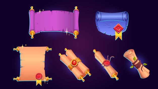 pergamino mágico ui icono de juego icono vectorial de dibujos animados fantasía papiro antiguo para viejo tesoro o carta de mensaje rollo de hechizo de mago medieval conjunto de objetos aislados brujería diseño de escrituras antiguas