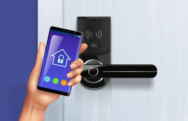 Las perillas de las puertas manejan una composición realista con una mano humana que sostiene la aplicación de desbloqueo de teléfonos inteligentes frente a la puerta