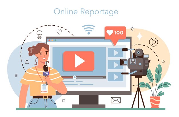 Periodista Servicio en línea o plataforma Reportero de televisión entrevistando a una persona Profesión de los medios de comunicación Reportaje en línea Ilustración plana vectorial