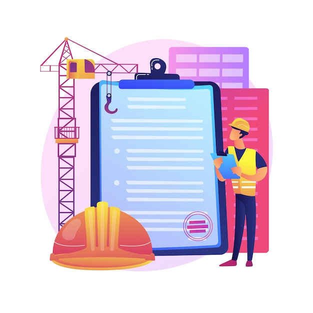 Permiso de construcción ilustración del concepto abstracto. Aprobación oficial, servicio de contratista, proyecto de remodelación de propiedad, plano de la casa, formulario de solicitud, negocio inmobiliario