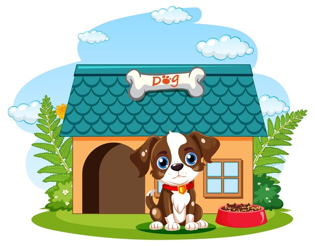 Perro adorable sentado en la casa del perro