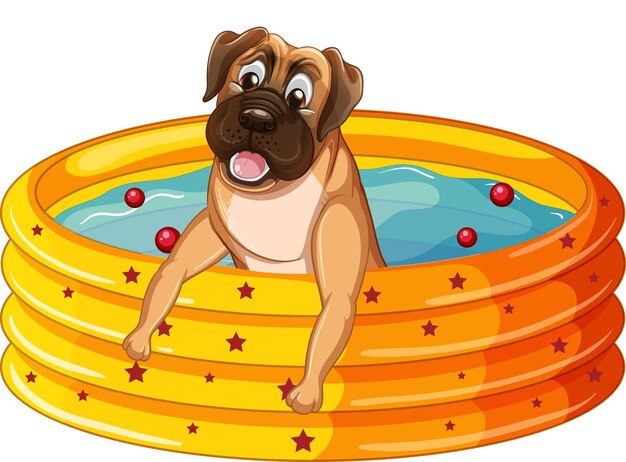 Perro bañándose en una piscina amarilla