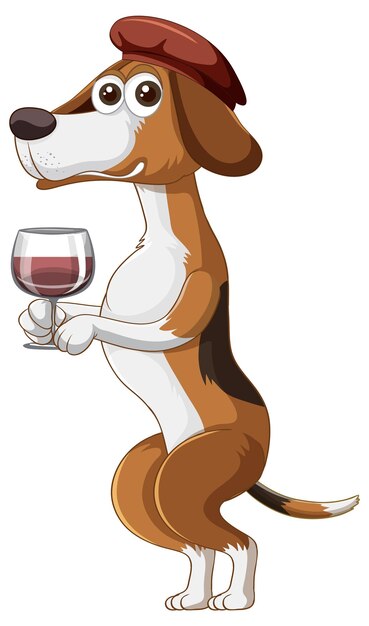 Un perro beagle de pie sobre dos piernas y bebiendo vino