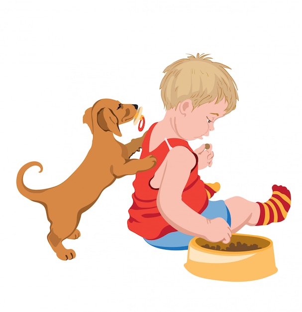 Vector gratuito perro con chupete en la boca tratando de jugar con un niño que le está robando la comida