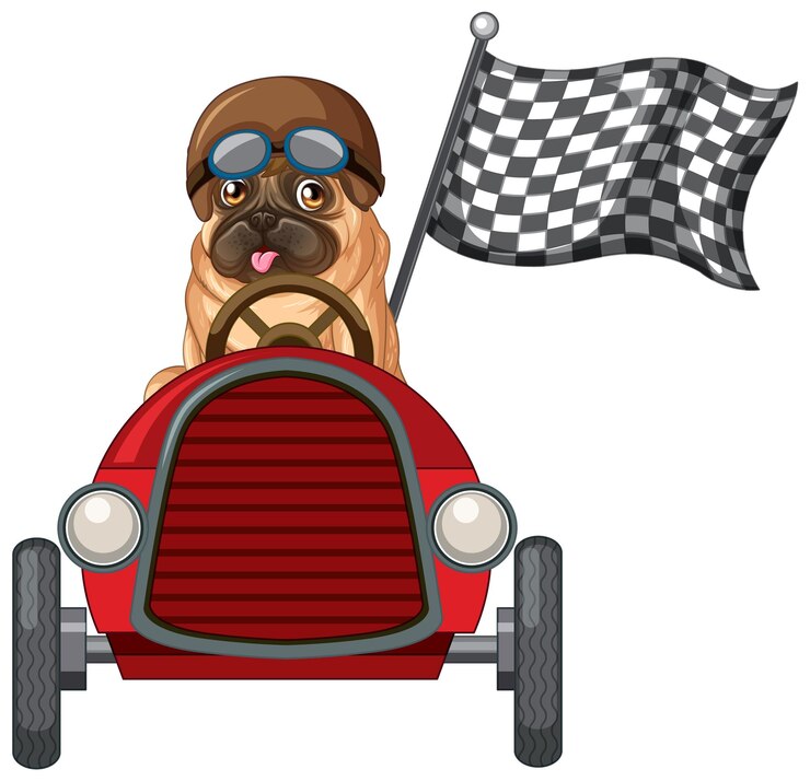Vector gratuito perro divertido personaje de dibujos animados conduciendo coche sobre fondo blanco.