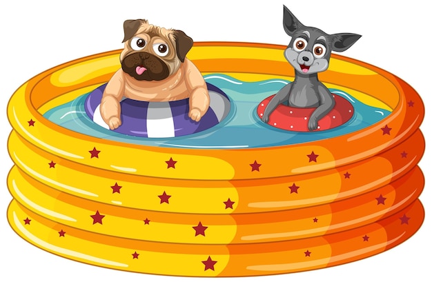 Vector gratuito un perro feliz con anillo de goma en piscina inflable en centrico blanco