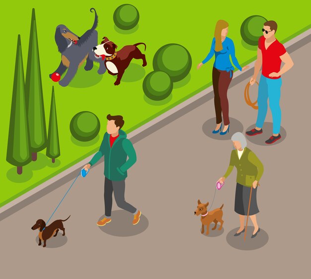 Perro paseando ilustración isométrica