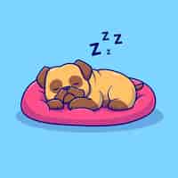 Vector gratuito perro pug lindo durmiendo en la ilustración de icono de vector de dibujos animados de almohada. icono de naturaleza animal plano aislado