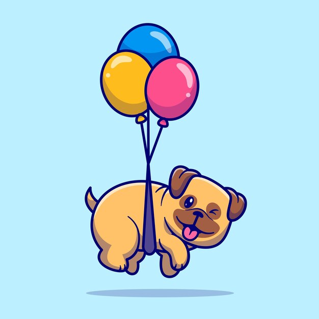 Perro Pug lindo flotando con globo Dibujos animados Vector Icono Ilustración Animal Naturaleza Dibujos animados planos