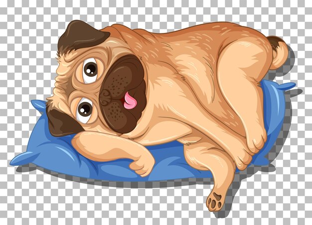 Perro pug en personaje de dibujos animados de almohada