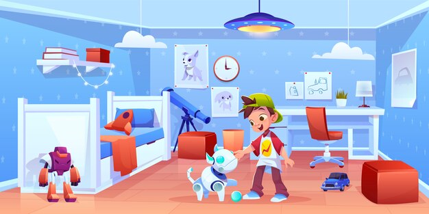 Perro robot y niño jugando en casa