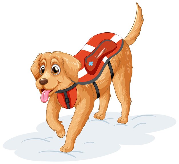 Un perro en uniforme de rescate sobre fondo blanco.